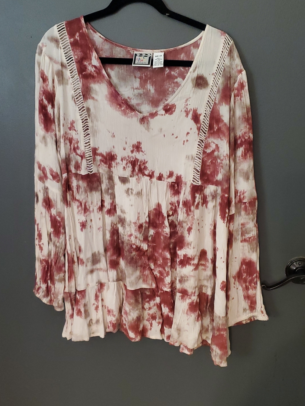 Boho Tie-Dye V-Neck Tunic Top - Cream & Rust